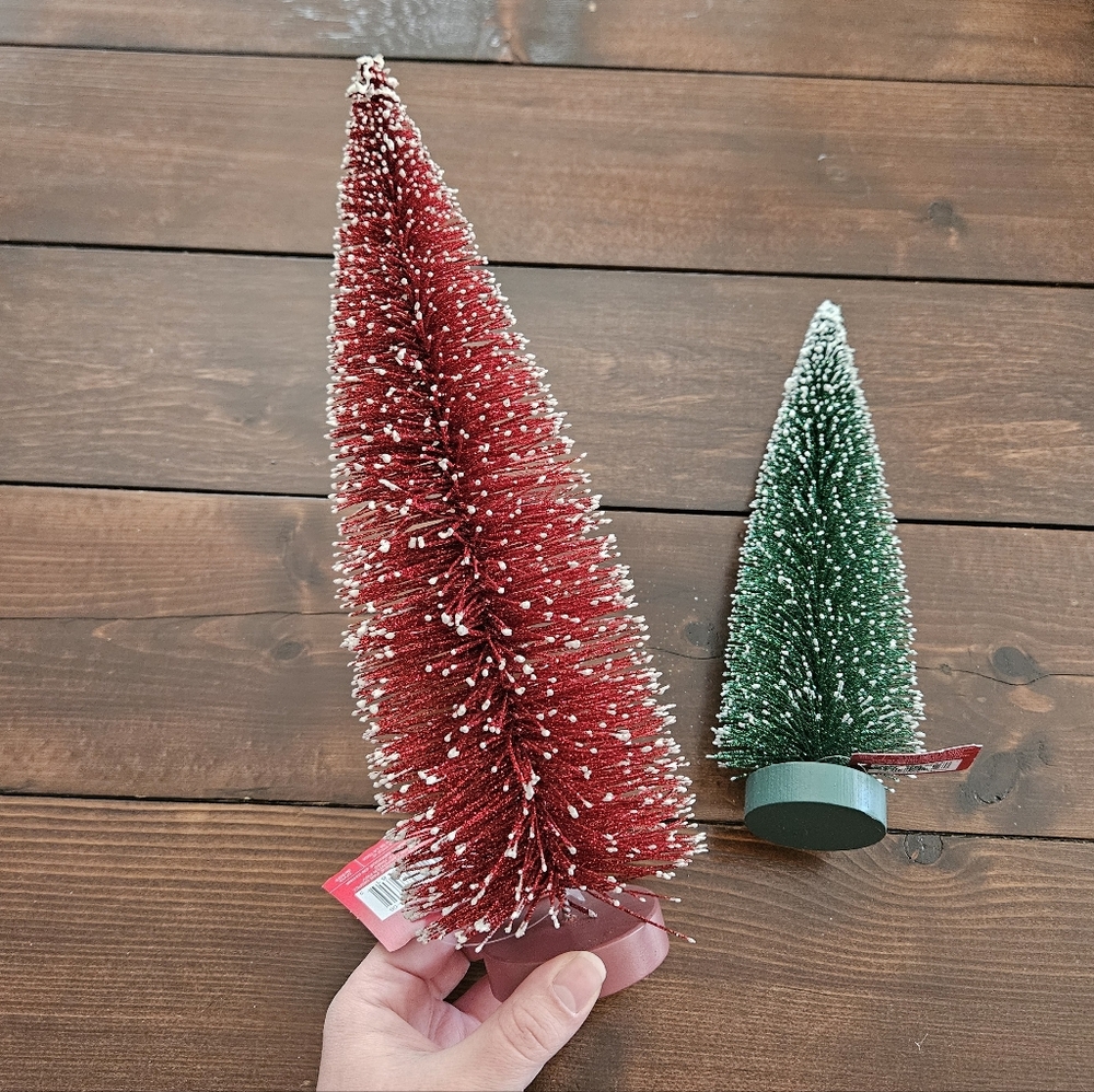Ashland Christmas Set of 2 Glittery Bottle Brush Trees - Red 12in & Green 10in - Picture 2 of 8